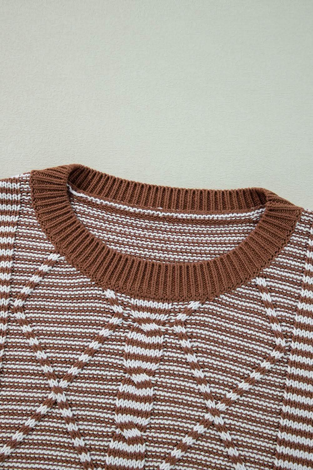 Brown Stripe Geometric Textured Drop Shoulder Sweater - Love Salve